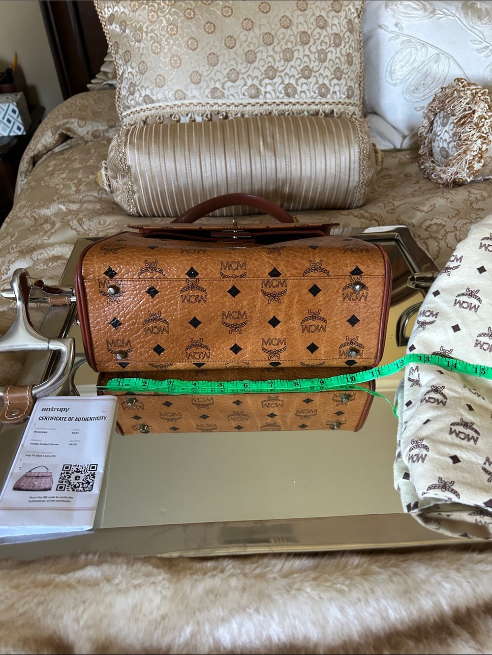 MCM Cognac Logo Visetos Top Handle Satchel with Gold Hardware lock w keys  COA - Picture 6 of 15
